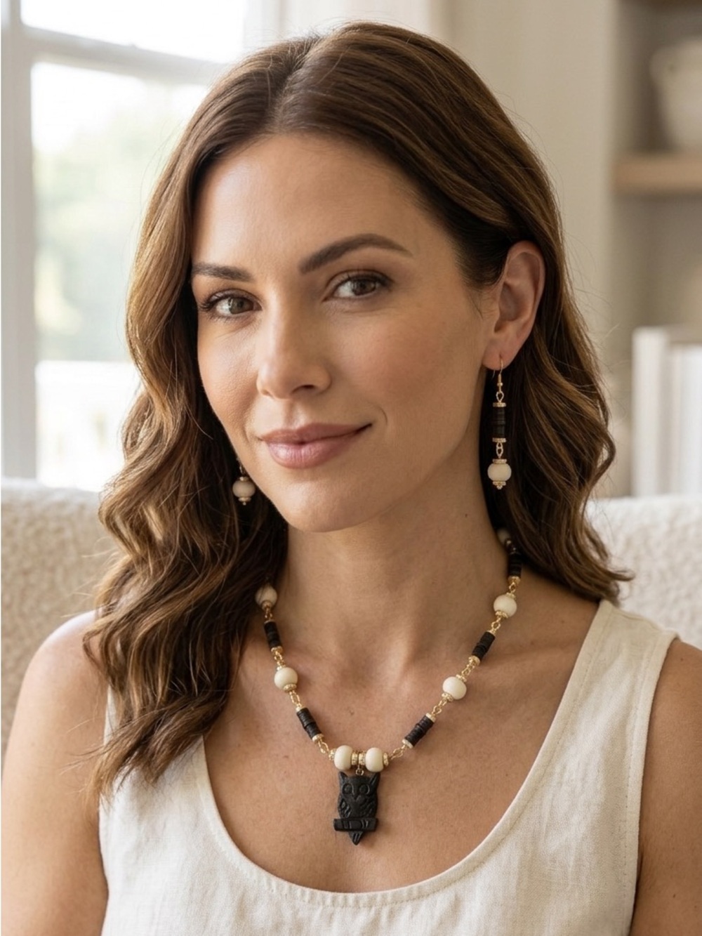 Handmade Black and Cream Bone Beaded Necklace with Owl Pendant & Earrings Set